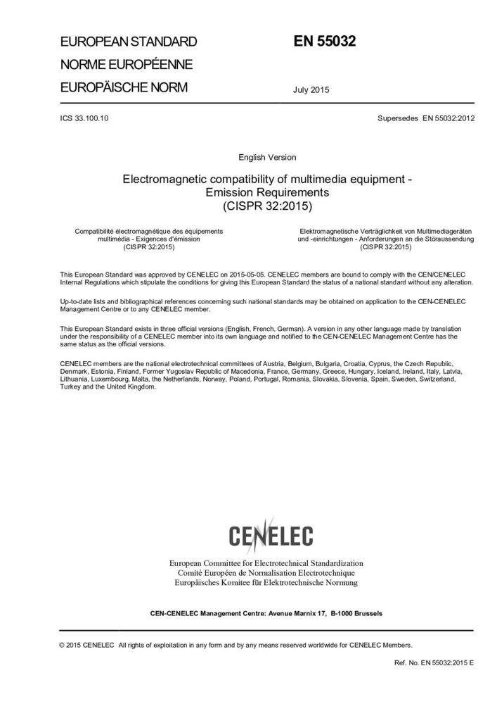 EN 55032:2015 多媒体设备的电磁兼容性 发射要求